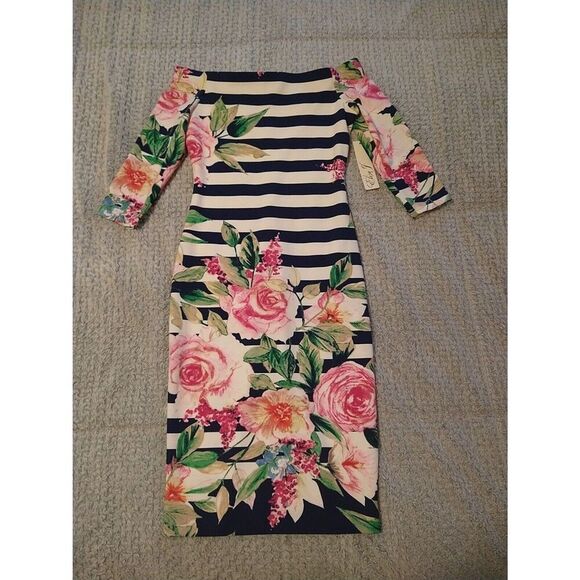 Eliza J Off The Shoulder Floral Striped dress feminine Boho Preppy Cottage Core - Picture 1 of 9